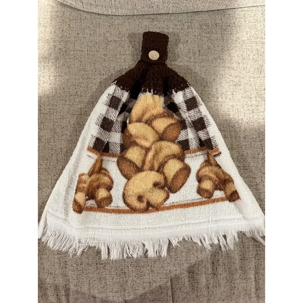 Vintage Mushroom Bread Hanging Kitchen Towel Brown Crochet‎ Topper Made in USA
